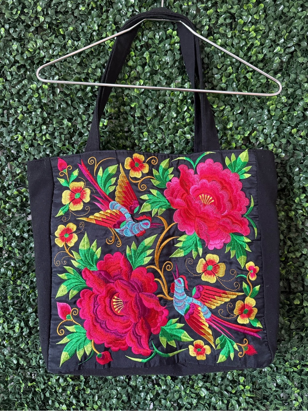 Black Tote Bag with Pink Floral & Bird Embroidery